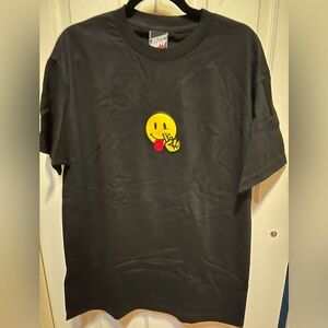 Animated Yellow Mr Happy 100% Cotton Black T-Shirt Size L Design is Rubber. NWOT